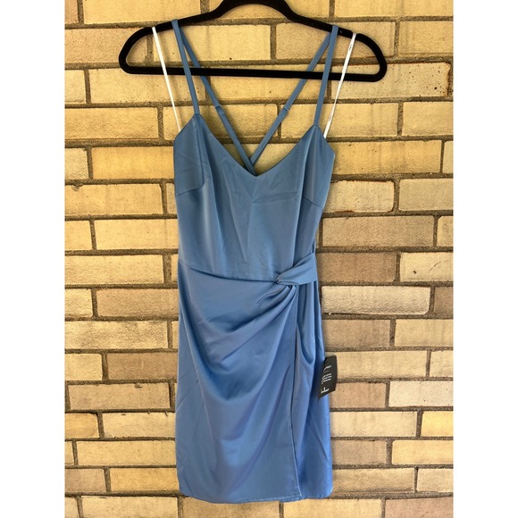 Lulus Dresses & Skirts - NWT Lulus Blue Satin Faux Wrap Mini Dress XS Party Cocktail Cross Back Straps